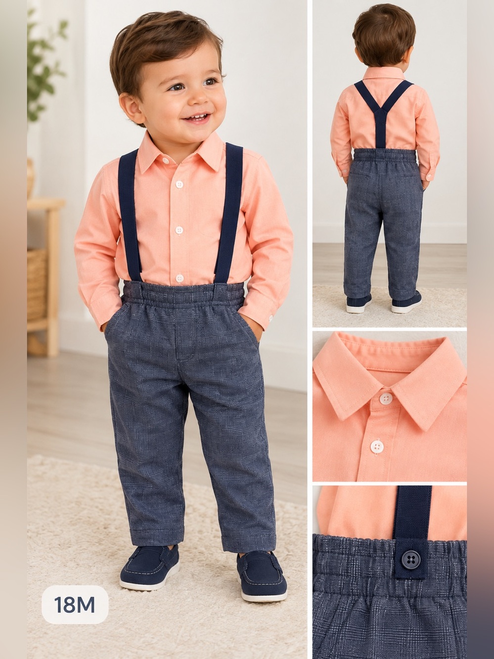 Wonder Nation 18M Boys Dress Outfit Peach Shirt Plaid Pants Suspenders Set
